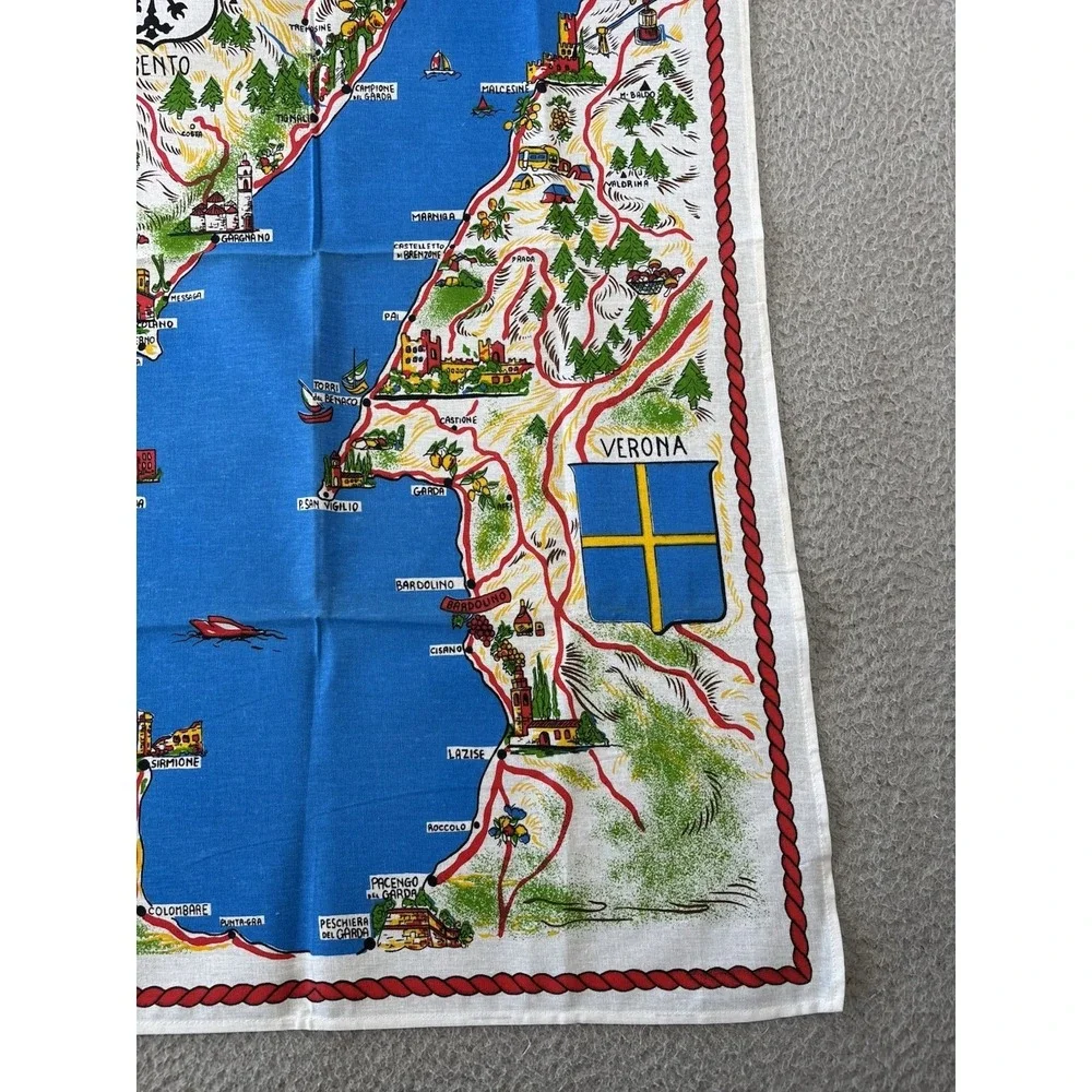 Vintage Lago Di Garda Souvenir Tea Towel Linen MCM Map 34x22
